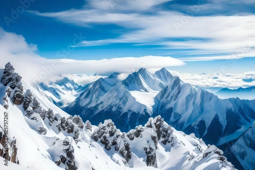A majestic view of snow-covered mountain peaks rising above the clouds. The stark contrast between the white snow  blue sky  and rugged terrain creates a striking backdrop. generated by AI tools