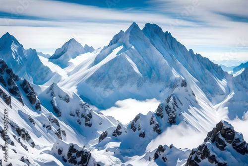 A majestic view of snow-covered mountain peaks rising above the clouds. The stark contrast between the white snow, blue sky, and rugged terrain creates a striking backdrop. generated by AI tools