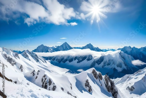 A majestic view of snow-covered mountain peaks rising above the clouds. The stark contrast between the white snow, blue sky, and rugged terrain creates a striking backdrop. generated by AI tools ©  ALLAH LOVE