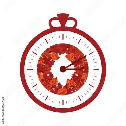 Clock switch to winter time. Daylight saving time ends. A clocks in a floral frame of autumn orange foliage and turning an hour back. Flat vector illustration.