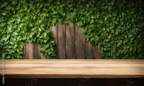 Empty Old Wooden Table or Counter with Green Leaves Background. For Display your product's Generative AI