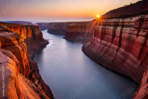 Grand canyon sunset over the river between the huge cliff. Water river flow to sea coast the sea shore