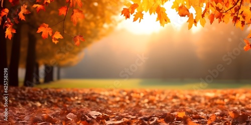 Beautiful autumn landscape with. Colorful foliage in the park. Falling leaves natural background. AI generative