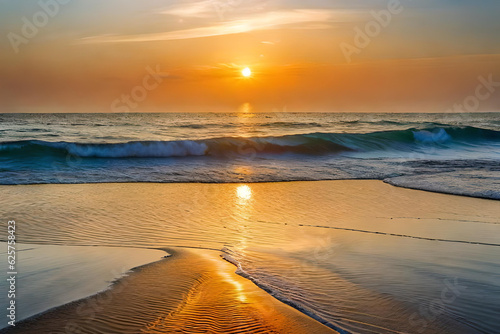 Fototapeta Naklejka Na Ścianę i Meble -  Coast dunes beach sea. Panorama waves beach comes with sunset over the sea