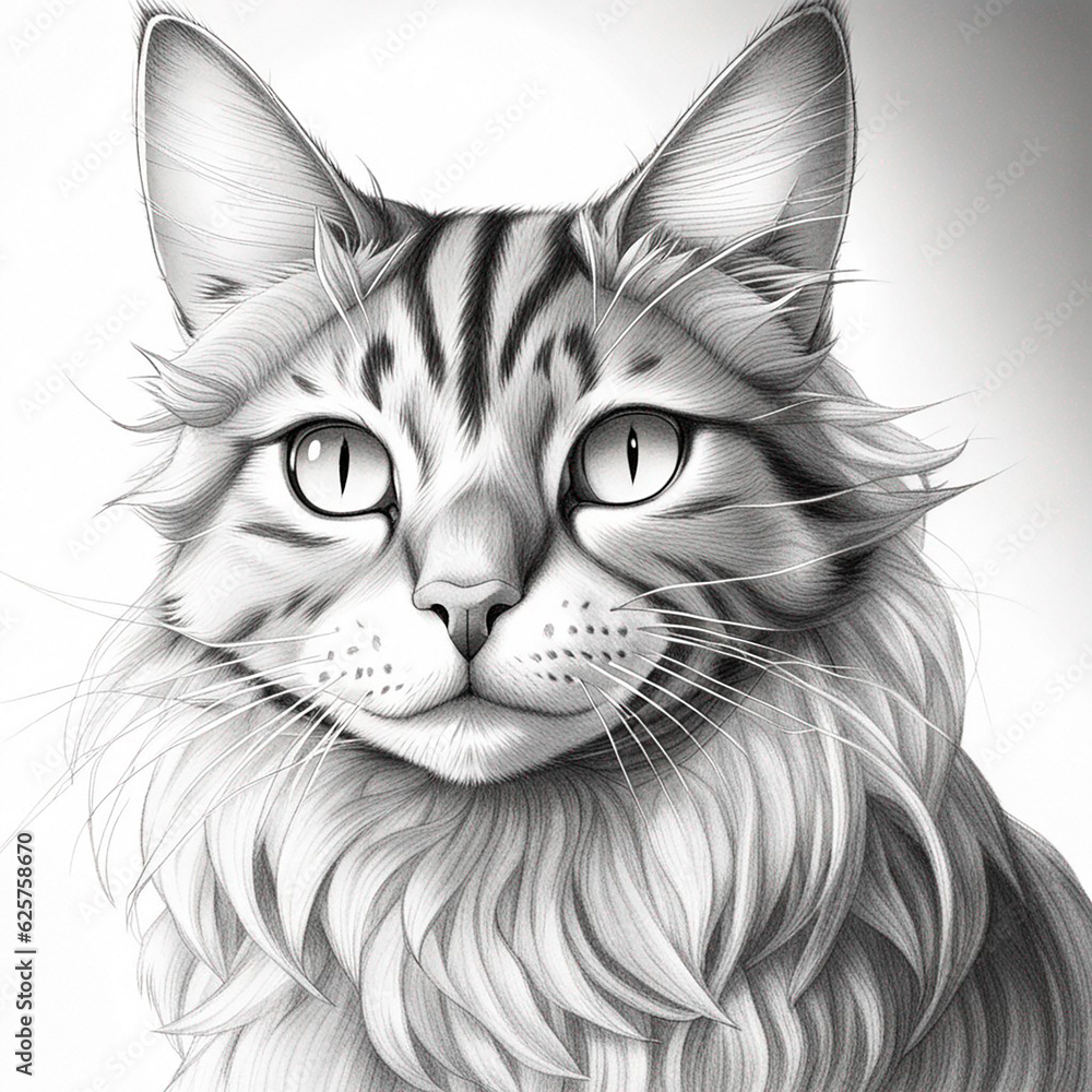 Black and White Drawing of a cute Cat. Cat head isolated on white ...
