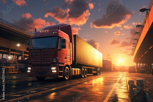 Business logistics and transportation concept of a container cargo truck and cargo with a working crane bridge in a shipyard and a sunset in the background. Generative AI