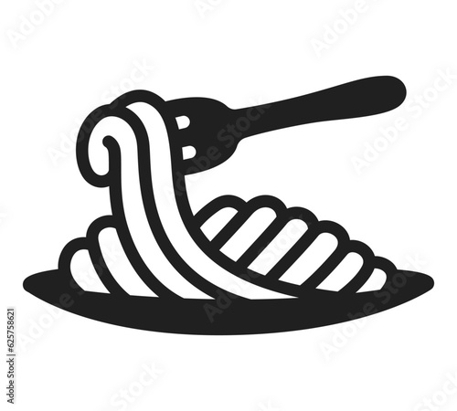 Spaghetti icon in plate, italian food illustration, Drawing of a fork scooping up spaghetti.
