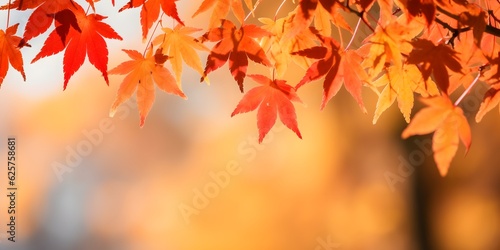 Beautiful maple leaves in autumn sunny day in foreground and blurry background in Kyushu  Japan. No people  close up  copy space  macro shot. AI generative