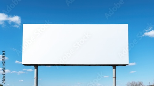low angle shot of blank billboard mockup against bright blue sky.