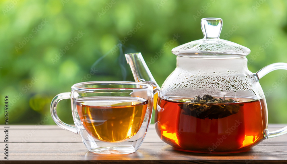 glass cup and teapot with tea on wooden table with green blurred background glass cup and teapot with tea on wooden table with green blurred background