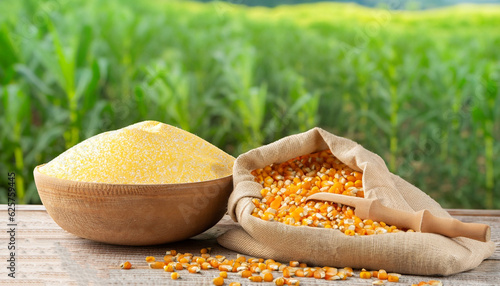 uncooked corn seeds in bag and cornmeal in bowl with scoop on wooden table with green field on the background. Agriculture and harvest concept