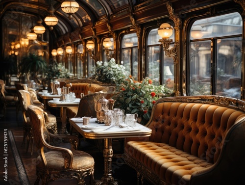 Train interior of cabin with chairs, sofa and tables, soft and dreamy atmosphere, light brown and gold, luxurious opulence. Generative AI © itchaznong