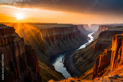 Long river between huge cliff with golden texture . Wide view with the sun at the edge of view