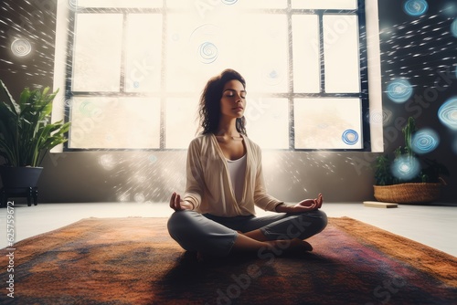 Young Latina meditates at home with laptop lesson. Photo generative AI © pixardi