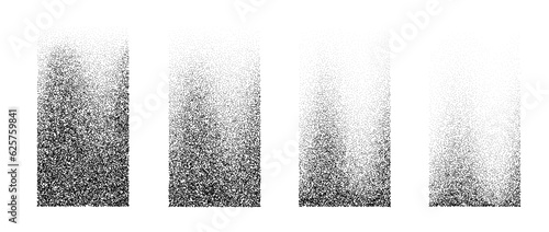 Set of fading wavy rectangular gradients. Black vertical dotted textured element collection. Stippled halftone object pack. Noise grain dotwork shapes. Vanishing engraved shade effects bundle. Vector