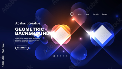 Abstract background landing page, glass geometric shapes with glowing neon light reflections, energy effect concept on glossy forms