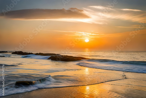 Sea view from tropical beach with sunset. Natural waves on the beach before high tide