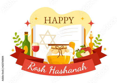 Happy Rosh Hashanah Vector Illustration of Jewish New Year Holiday with Apple, Pomegranate, Honey and Bee in Flat Cartoon Hand Drawn Templates