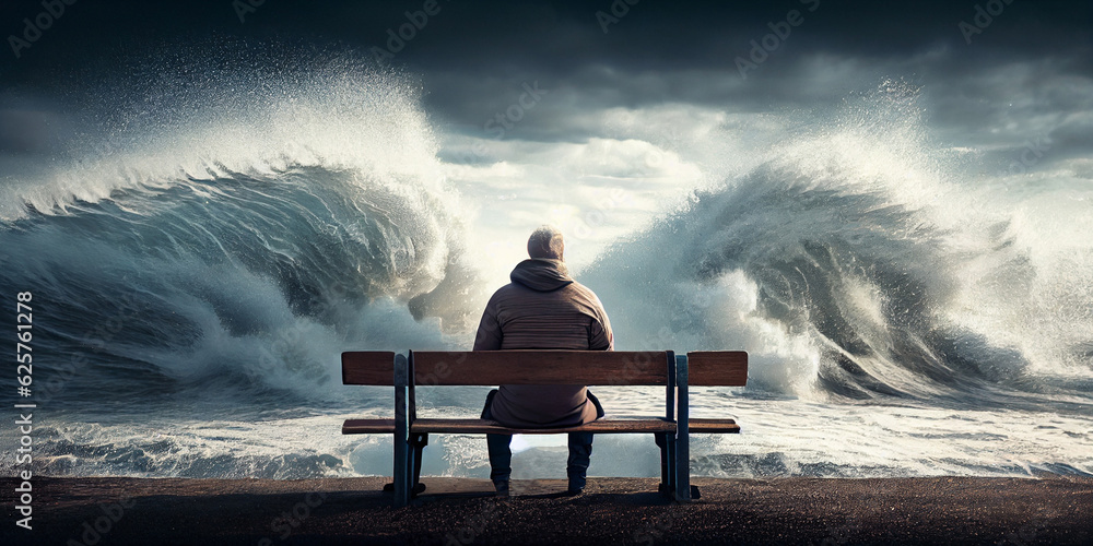 An elderly man in a warm jacket sits on a wooden bench and looks at the huge waves of the raging sea directly in front of him. Generative AI - obrazy, fototapety, plakaty 