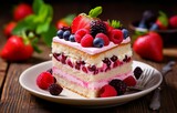Delicious raspberry cake with fresh strawberries, raspberries, blueberries, currants, and pistachios on wooden background Generative AI