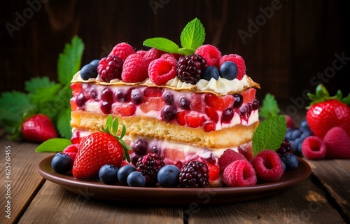Delicious raspberry cake with fresh strawberries  raspberries  blueberries  currants  and pistachios on wooden background Generative AI