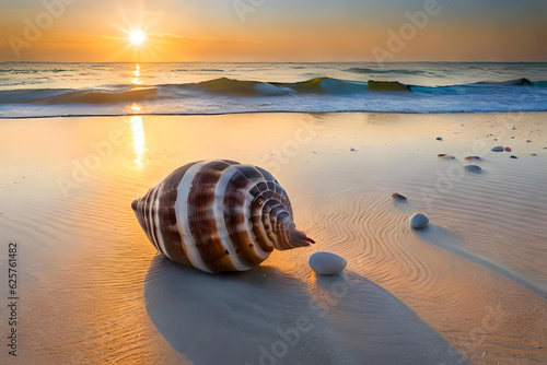 Warm summer beach vacation holiday. Stunning sea shell on the beach with sand and waves texture