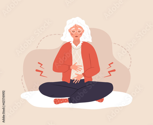 Menopause concept. Sad elderly woman with female problems. Abdominal pain. Vector illustration in flat cartoon style.