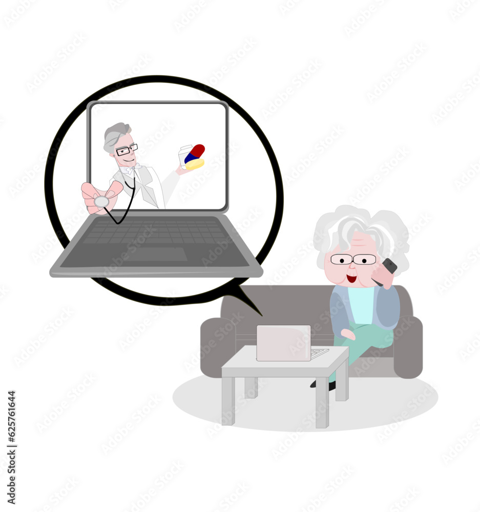 Vector Grandma used online medical services.Older people sitting on sofa at home talking using modern technology. Aging society.Elderly day. Vector Grandma used online medical services.Older people sitting on sofa at home talking using modern technology. Aging society.Elderly day.
