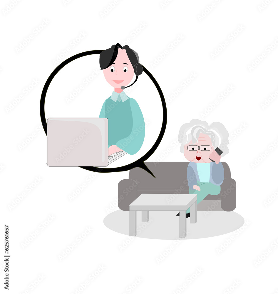 Grandma is calling the call center.
Older people sitting on sofa at home talking using modern technology. Aging society.Elderly day.png. Grandma is calling the call center.
Older people sitting on sofa at home talking using modern technology. Aging society.Elderly day.png.