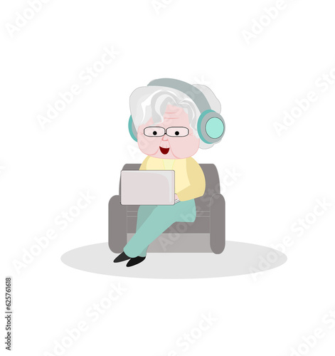 Smiling senior woman wearing headphones  having video call on laptop.Elderly people sitting on sofa at home talking using modern technology and wireless connection.Vector Illustration on isolate.