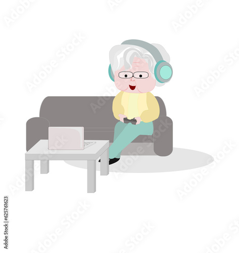 Grandma wearing headphones and playing computer games.Elderly people sitting on sofa at home talking using modern technology and wireless connection.Illustration on isolate.Aging society.Elderly day.