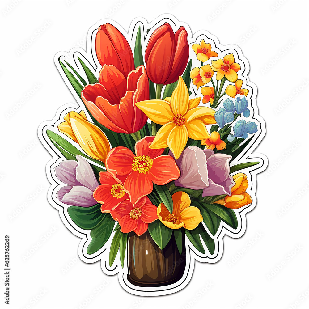 easter sticker with spring flowers on white isolated background