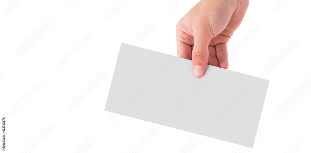 Digital png photo of hand of caucasian man holding whithe card on transparent background