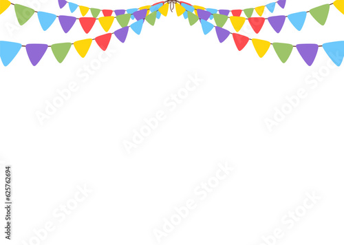 Celebrate hanging triangular garlands. Colorful perspective cute flags party isolated on white background. Birthday, Christmas, anniversary, and festival fair concept. Vector illustration.