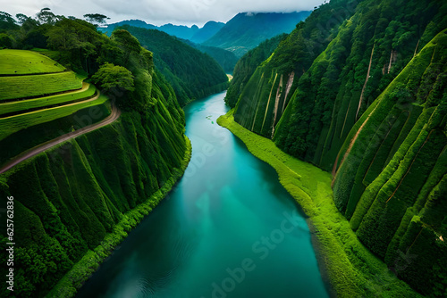 Wallpaper Mural Long river of the waterfall between green mountains