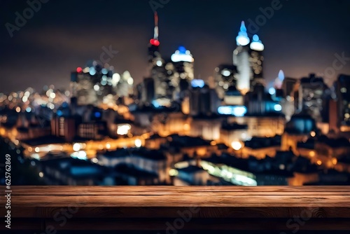 Wooden Table Product Display Blurred Sky Night City Generative AI
