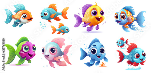 set of cute fishes Sticker, fish Clipart on isolated background, png, generated ai