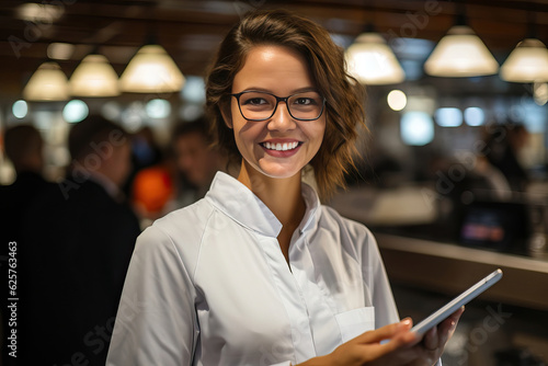 Smiling hostess in a restaurant, generative ai