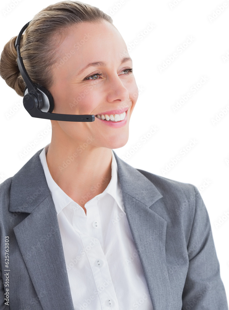 Digital png photo of caucasian businesswoman using phone headset on transparent background Digital png photo of caucasian businesswoman using phone headset on transparent background