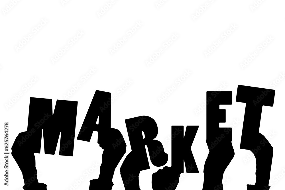 Digital png illustration of hands with market text on transparent background