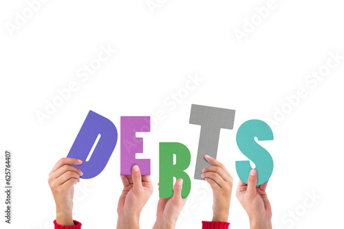 Digital png illustration of hands with debts text on transparent background