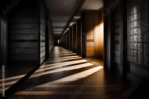 Long lobby corridor in the old building with light and shadow on the floor