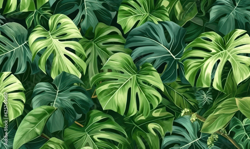 Tropical leaves textured wallpaper. Colorful leaf monstera surface banner. . Created with generative AI tools