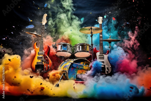 Murais de parede rock music instruments exploding with colourful,Generative AI