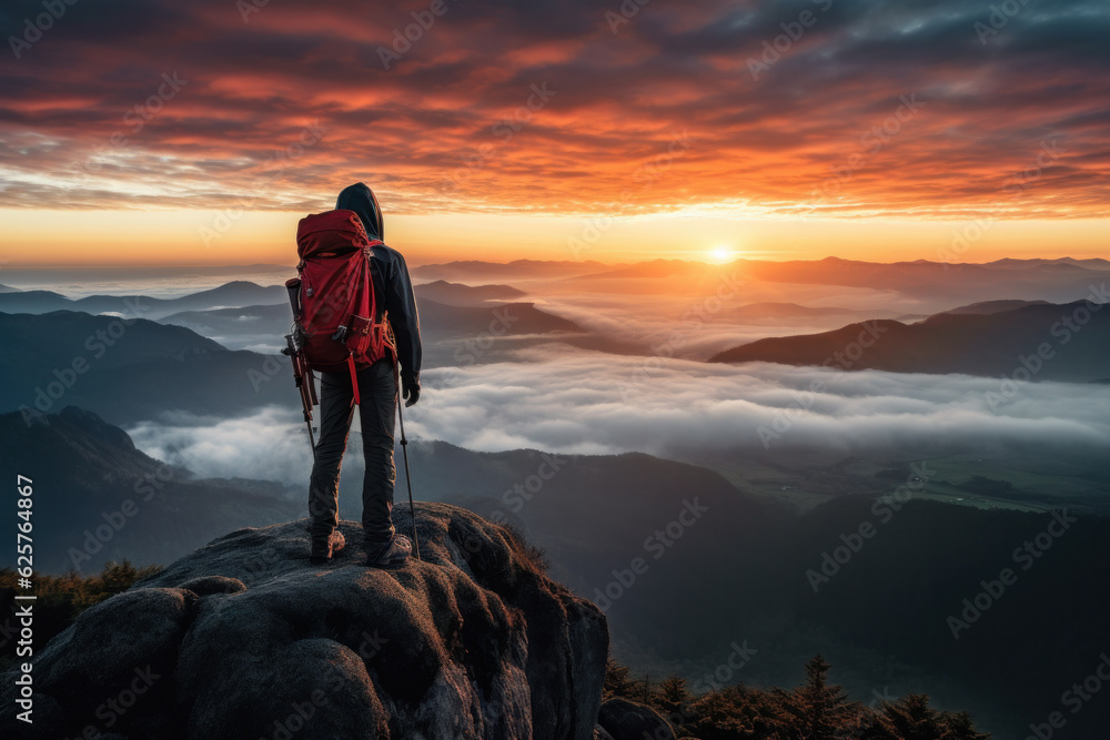 Hiker stands at the summit of a difficult mountain climb to be greeted with a beautiful view of the sunrise. generative ai