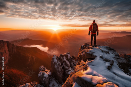 Hiker stands at the summit of a difficult mountain climb to be greeted with a beautiful view of the sunrise. generative ai