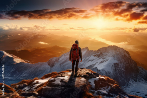 Hiker stands at the summit of a difficult mountain climb to be greeted with a beautiful view of the sunrise. generative ai © tope007