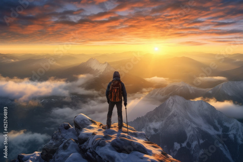 Hiker stands at the summit of a difficult mountain climb to be greeted with a beautiful view of the sunrise. generative ai