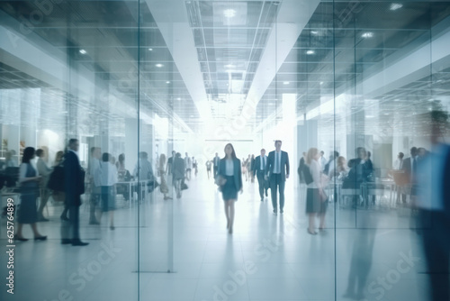 realistic blurred business people in white glass office.generative ai