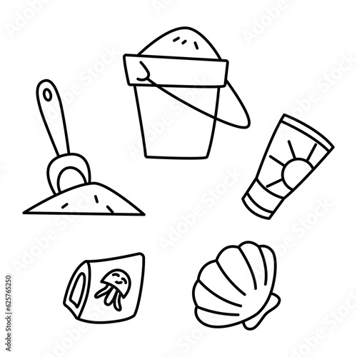Sand shovel, bucket, sunscreen cream sea shell swimmimg armbands doodle outline black and white vector illustration